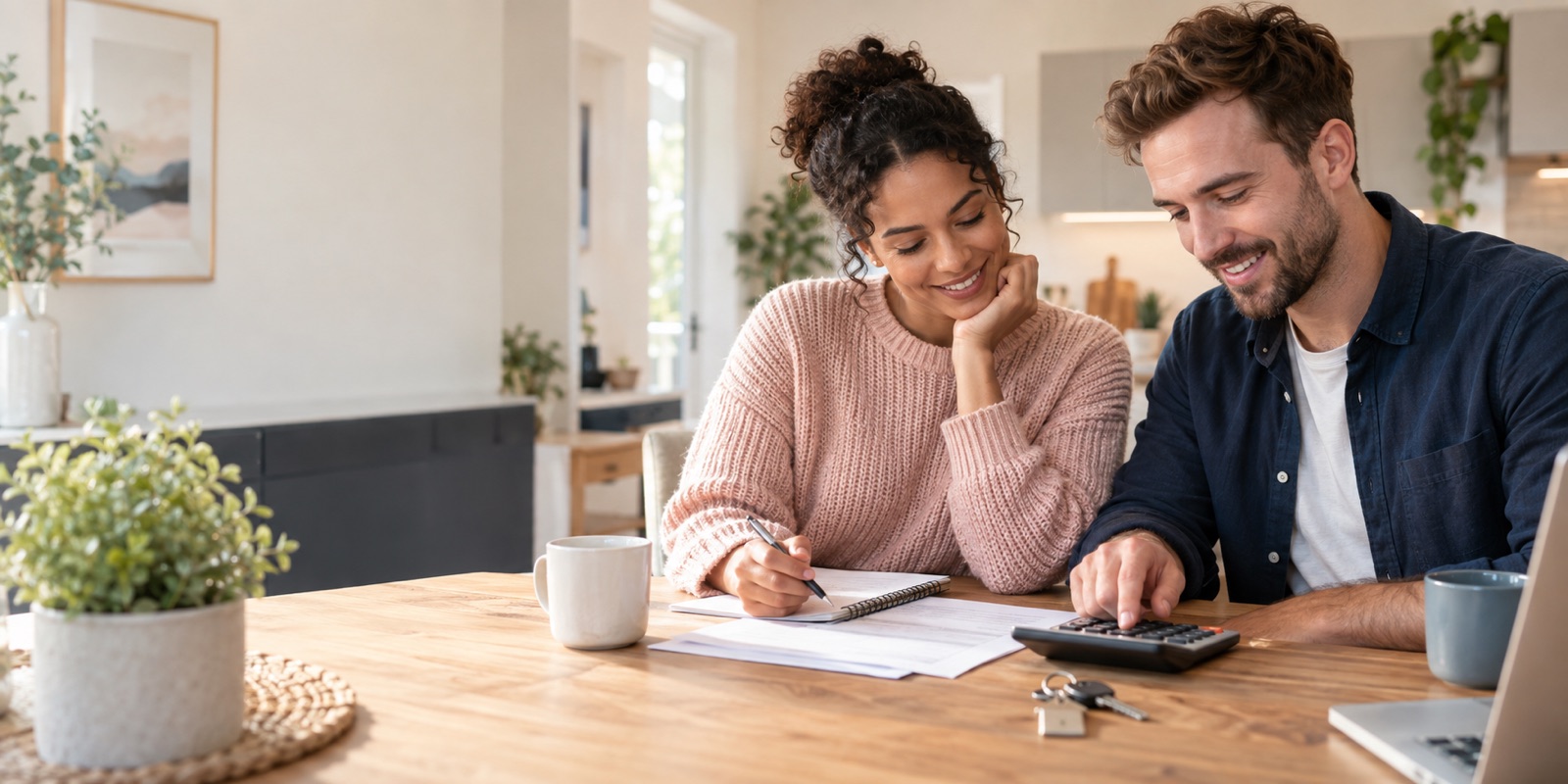 A couple reviewing their household costs with a calculator