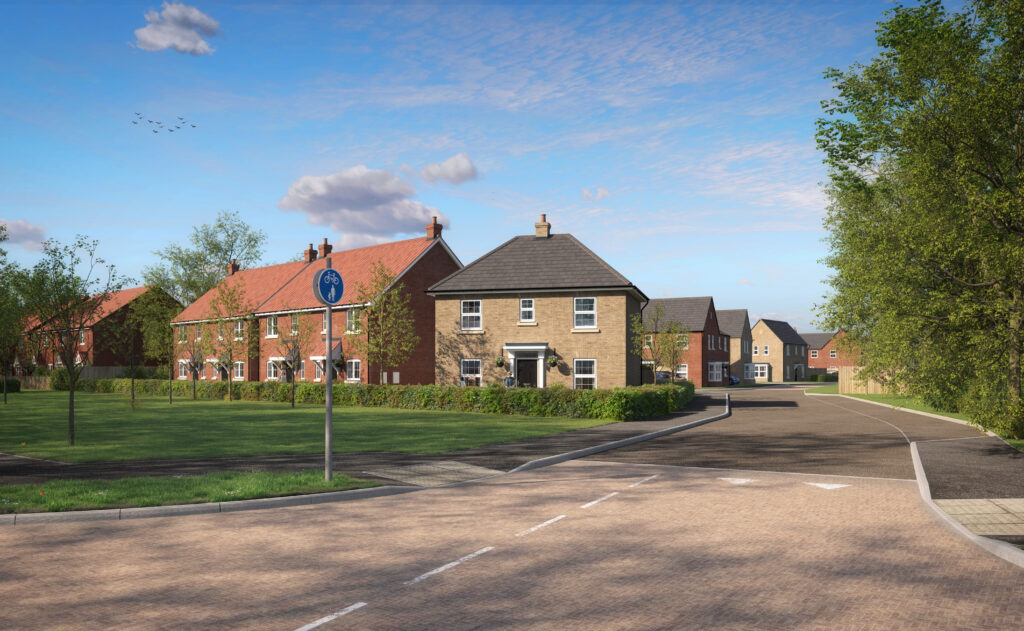 Computer-generated streetscape of homes and green space at Monks Meadow, Spalding